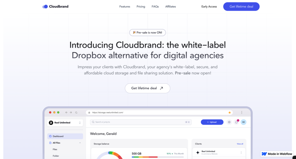 Screenshot of the first landing page of Cloudbrand.