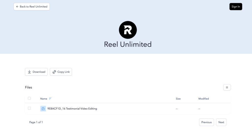 File sharing page examples are branded with the Reel Unlimited name and logo.